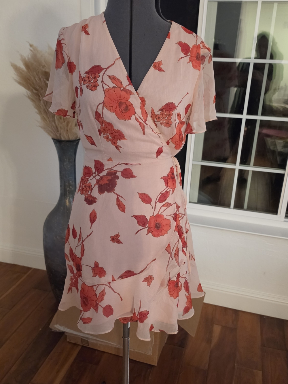 All in Favor Pink Mini Wrap Dress with Red Floral Print